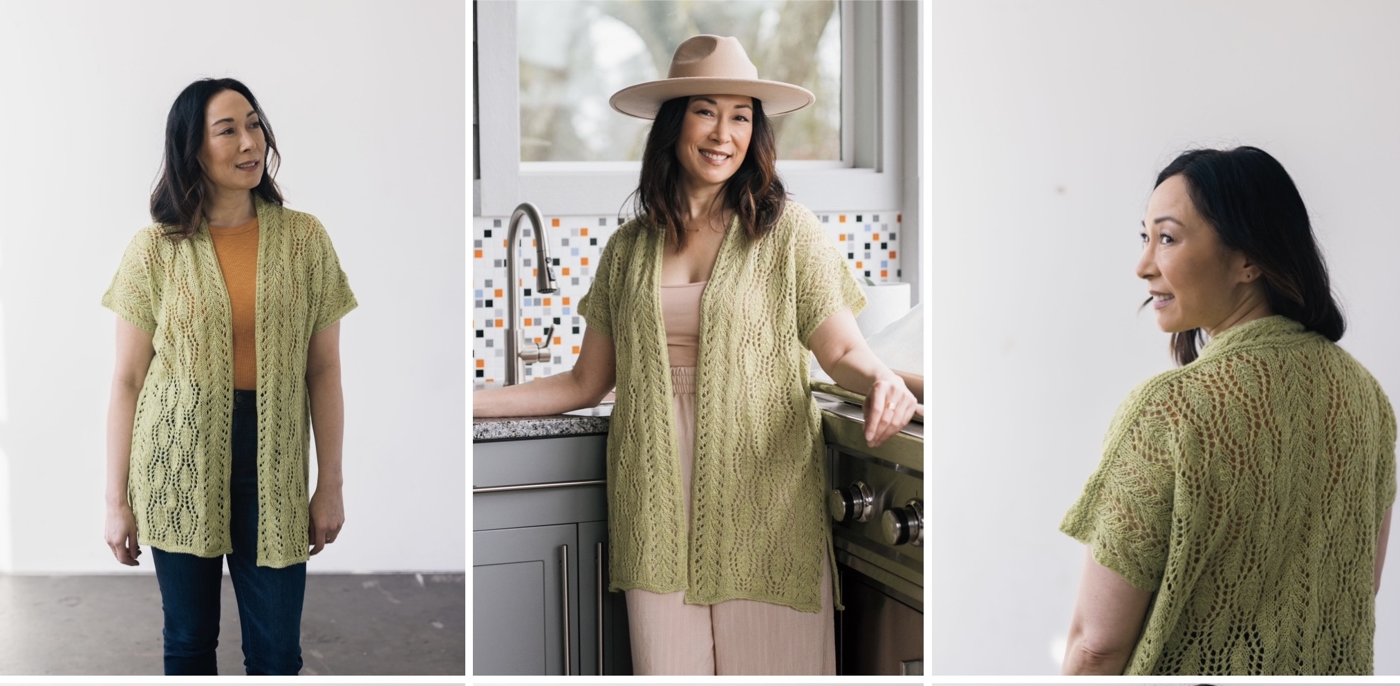Three photos of models with dark hair wearing Leaf & Vine Cardigan shown from different angles