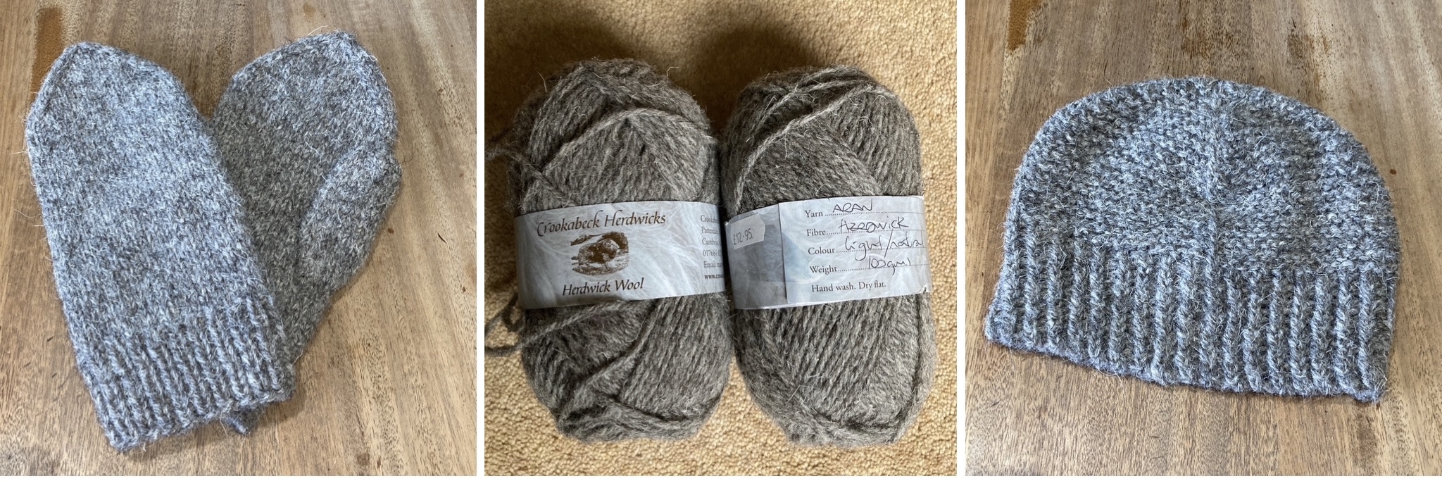 Three photos. From left: a pair of hand knit mittens in grey brown Herdwick wool, middle: 2 balls of grey brown Herdwick wool, right: a hand knit hat in grey brown Herdwick wool.
